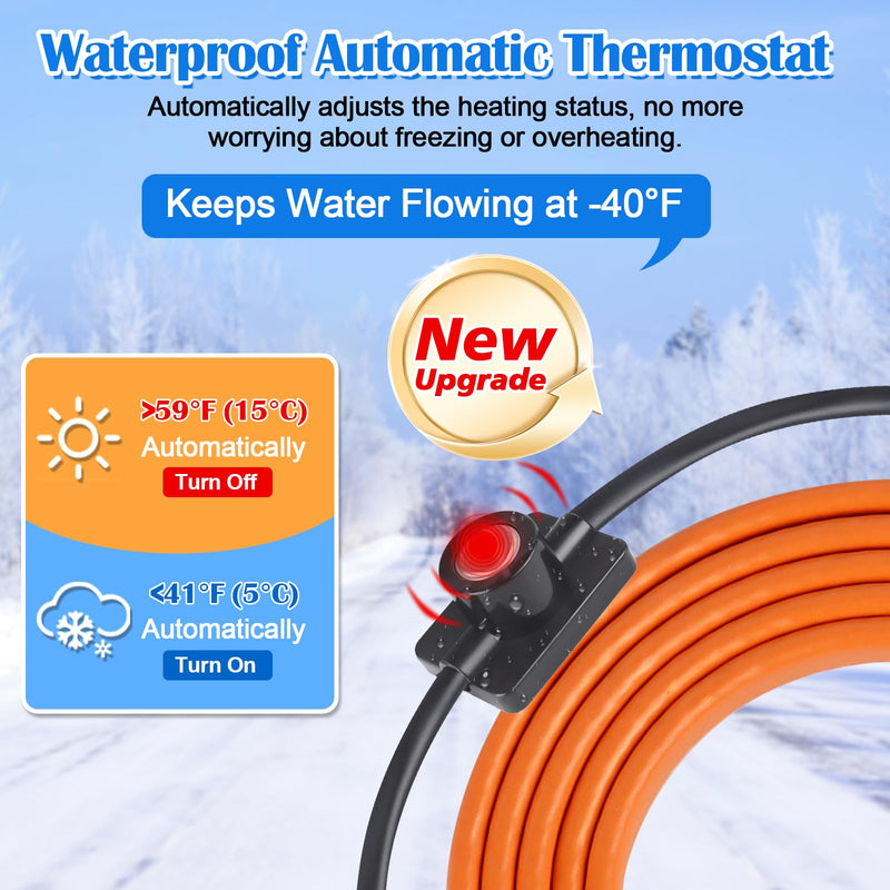 FANOVO Pipe Heat Tape with Thermostat, 12ft Heat Tape for Water Pipes, Heating Tape for Water Pipes or Hose, Self Regulating Heat Tape Cable, for Metal Plastic Pipes and Roof RV Freeze Protection 12FT with Thermostat
