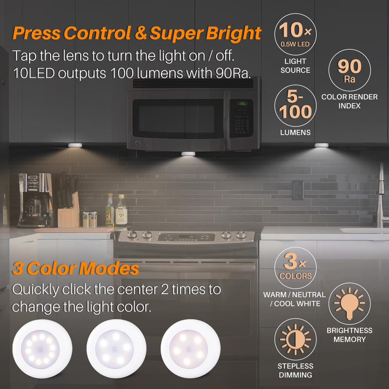 STAR-SPANGLED 4 Pack 3.1” Dimmable Push Tap Lights, Stick on LED Touch Puck Lights AA Battery Operated, 3 Color Modes Sticky Button Lamps for Classroom, Kitchen, Under Cabinet, Closet 3 Color Modes & Dimmable