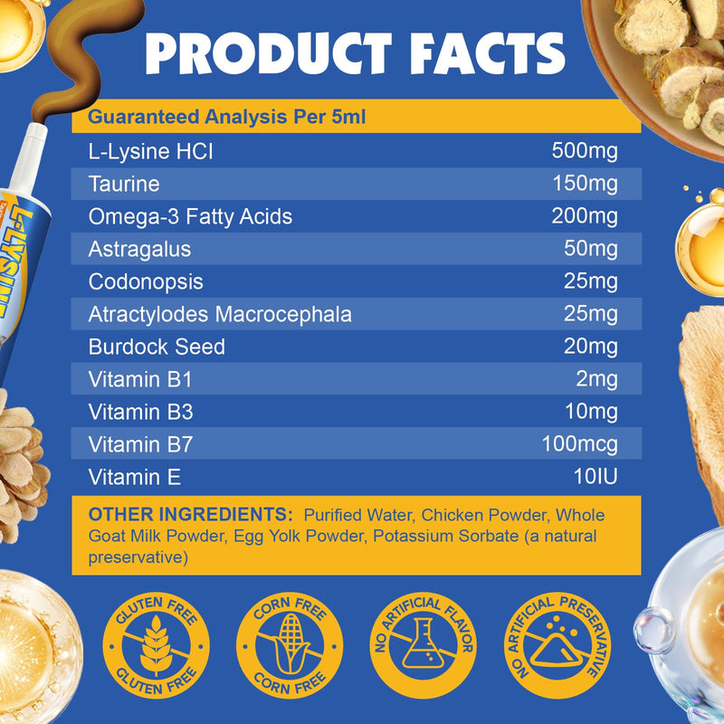 L-Lysine for Cats - Support Immune System, Respiratory & Eye Health - Cat Lysine Paste with Herbal Blends, Taurine, Omega-3, Vitamins - Reduces Sneezing, Runny Nose, Watery Eyes - 60ML, Chicken Flavor
