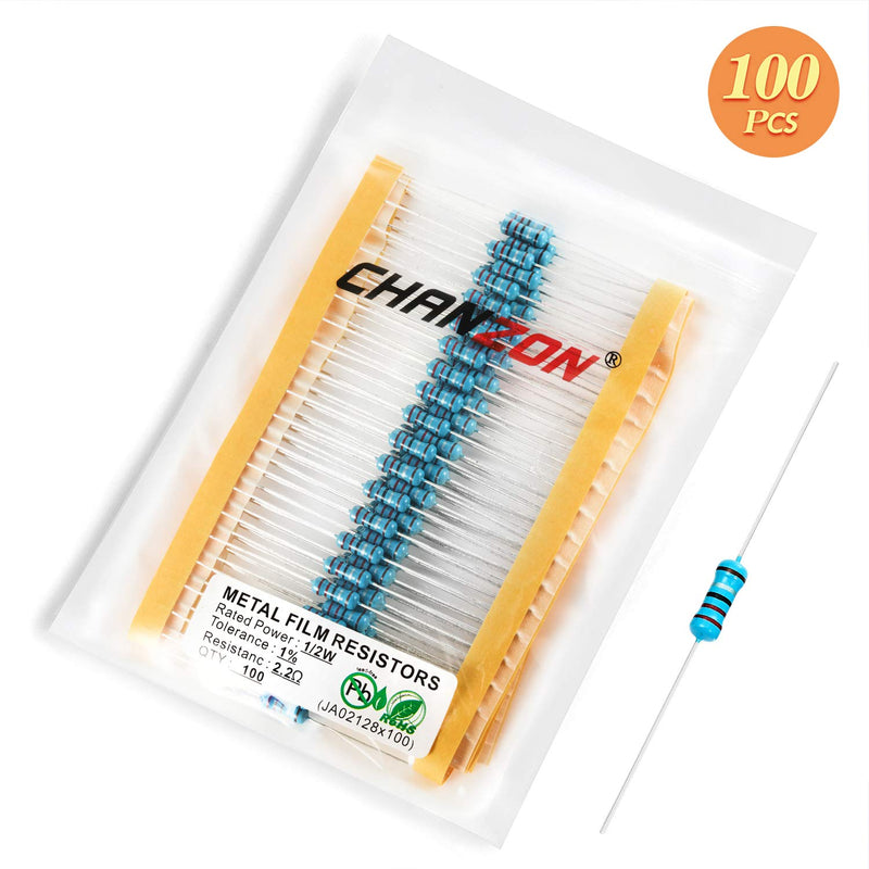 Chanzon 100pcs 1/2W (0.5W) 2.2 Ω ohm 2r2 Metal Film Fixed Resistor 0.01 ±1% Tolerance 2.2R MF Through Hole Resistors Current Limiting Rohs Certificated [1-2ZC02] 2.2 ohm