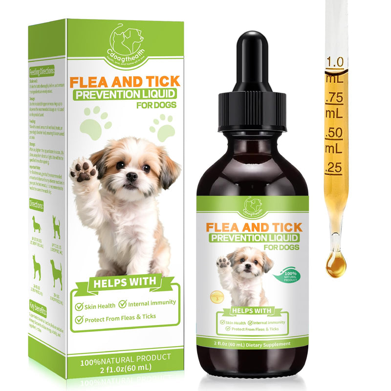 Natural Flea and Tick Prevention Liquid Drops for Dogs-Supports Skin & Coat Health – 60ml (2 FL OZ) –for All Breeds & Sizes