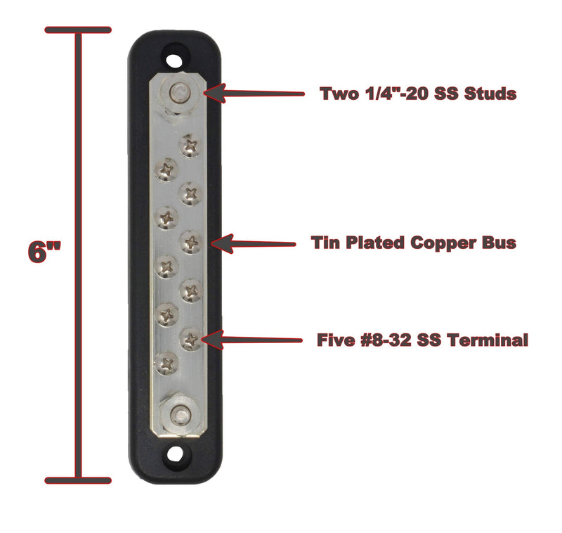 10 Terminal Bus Bar Kit for Power and Ground Distribution - Heat Shrink Ring Terminals and Cover Included 10 Terminal W/Cover Black