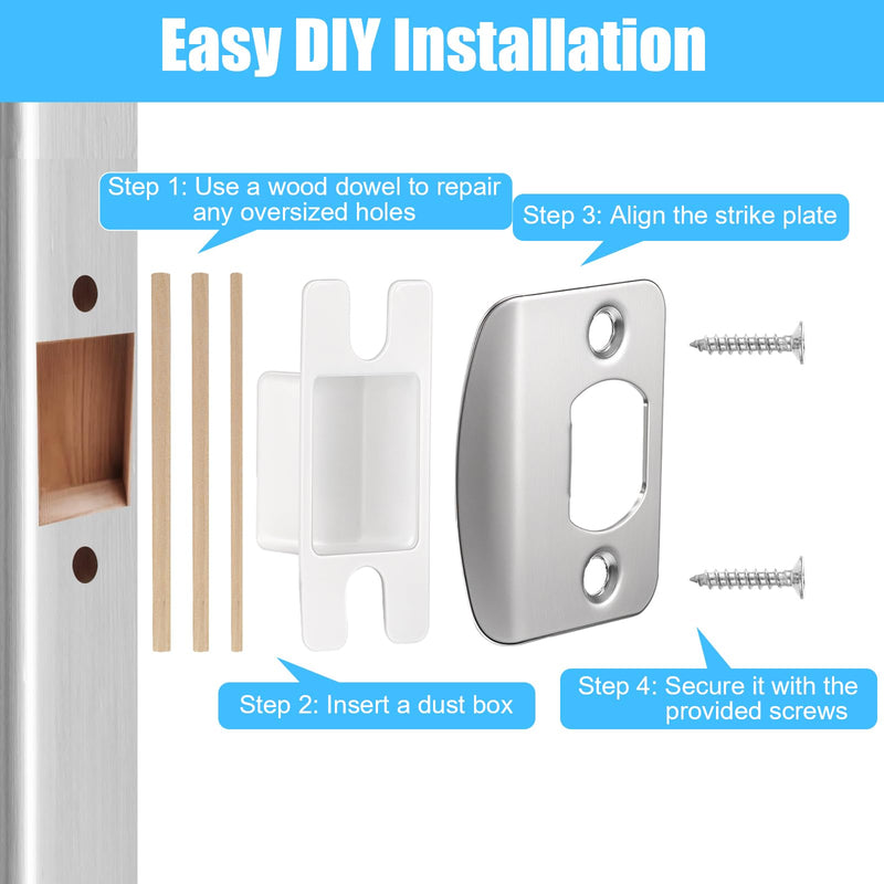 12 Pack Door Strike Plate Repair Kit - Stainless Steel Door Latch Restorer & Reinforcement Plate with Dust Box, Screws & Wood Dowels for Home, Office Doors Frame Fix (Silver)