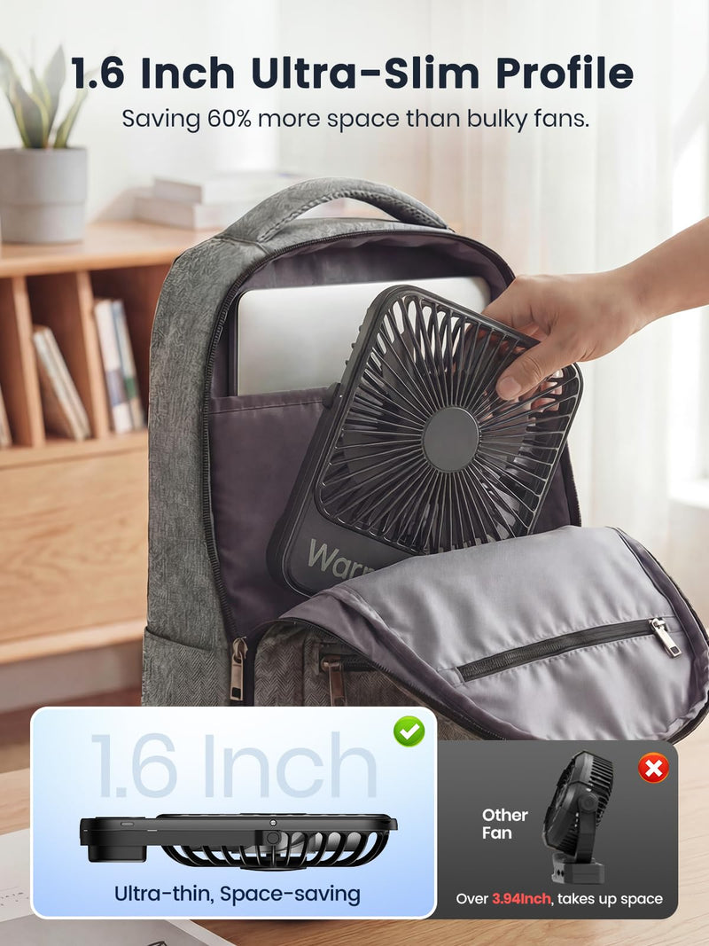 Warmco 10000mAh Portable Travel Fan 7-inch, Max 24H Runtime, Ultra-thin Quiet Rechargeable Battery Operated Desk Fan with Digital Display for Camping, Office, Bedroom, Cruise Essentials Black