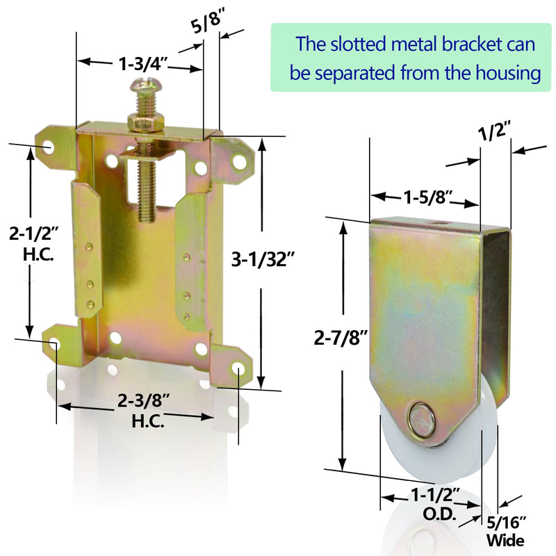 Sliding Mirror Closet Door Rollers Replacement Hardware Fits Contractors Part #W8020C Wardrobe Doors Wheels, 2-1/2" Vertical H.C., 1-1/2" Nylon Concaved Ball Bearing Wheel, 4 Pack ‎2-1/2" H.C.- 4Pack