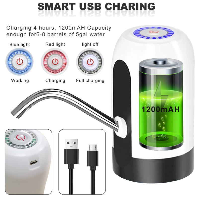 Water Bottle Pump 5 Gallon Electric Drinking Water Pump Portable Water Dispenser USB Charging Water Bottle Pump Water Bottle for Universal 2-5 Gallon Bottle White