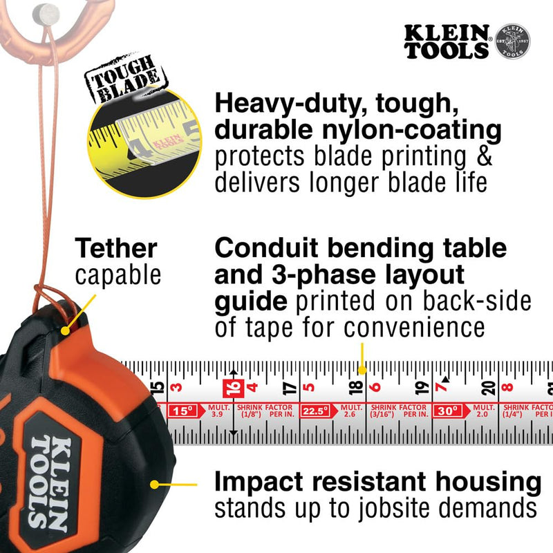 Klein Tools 9216 Tape Measure, Heavy-Duty Measuring Tape with 16-Foot Double-Hook Double-Sided Nylon Reinforced Blade, with Metal Belt Clip Magnetic Double-Hook 4.9 m