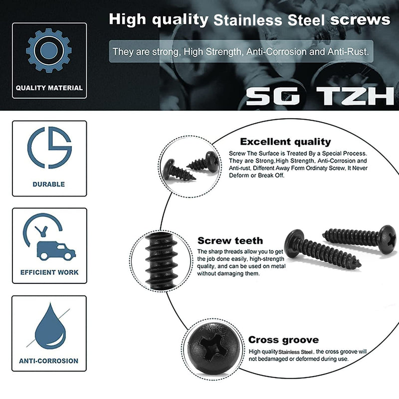 #6 x 3/8" Wood Screw 100Pcs 18-8 (304) Stainless Steel Pan Head Fast Self Tapping Drywall Screws Black Oxide by SG TZH #6 x 3/8"