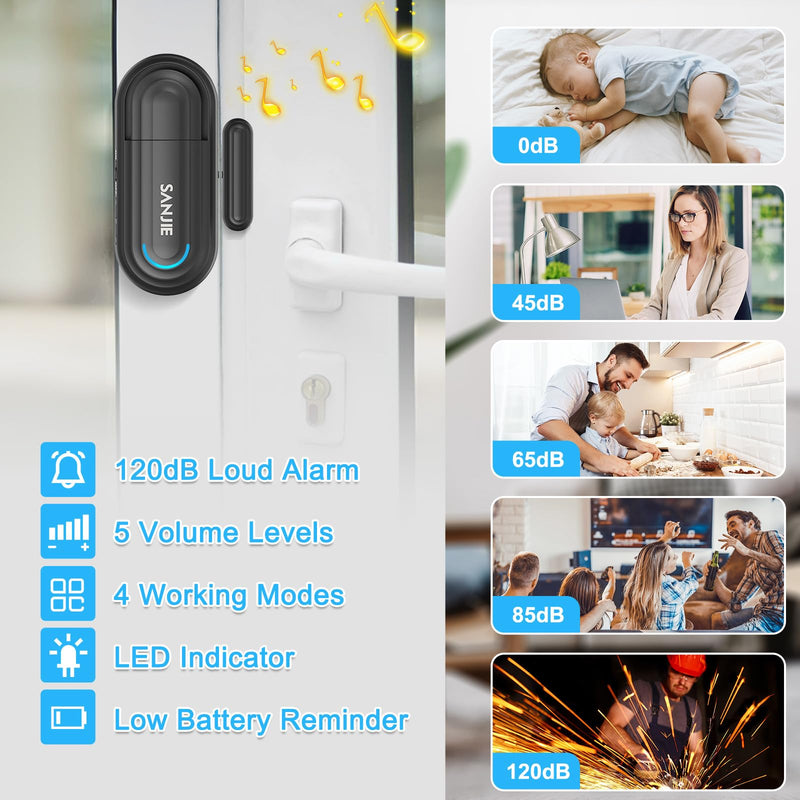 Pool Door Alarms for Home Security Loud, 0-120 Db Volume Ajustable with 4 Modes, Wireless Door Alarm with Remote for Kids Safety/Dementia Patients/Home/Pool (2 Sensor & 1 Remote) 1 Remote & 2 Sensor