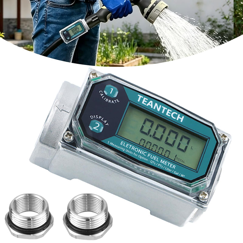 1Pack 1 in Digital Turbine Fuel Flow Meter with 3/4 in Adapters, High Accuracy Diesel Flow Meter with NPT Counter, Digital LCD with 5 Units, Auto Shut Off, for Gasoline/Kerosene/Water 1 inch & 3/4 inch Green