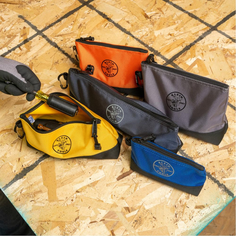 Klein Tools 55569 Stand-Up Zipper Bag Tool Pouch with Carabiners, Reinforced Gusseted Bottoms, Water Resistant 1680d, Multi-Size 5-Pack HOLSTER