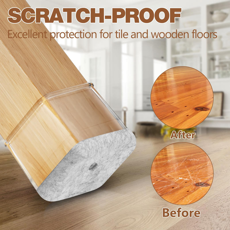 28Pcs Square Chair Leg Floor Protectors with Wrapped Felt Bottom, Silicone Chair Leg Protectors for Hardwood Floors, Chair Legs Cover Prevents Scratches & Reduce Noise (Clear S Fit 0.87"-1.10") Clear Small
