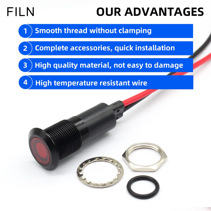 2PCS 12mm (1/2") Indicator light LED indicator Light Waterproof Metal Signal Lamp 12V IP67 Pilot Dash Lamp Head Blue for Car Boat Light (12v-Black Anodized Red 2PCS) 12v-Black Anodized