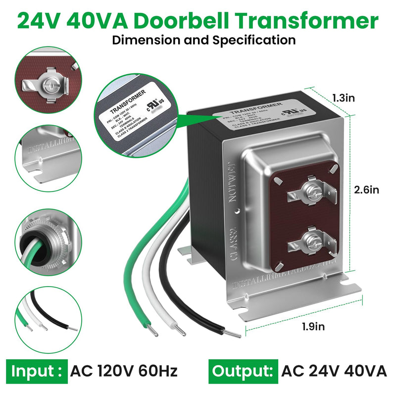Doorbell Transformer 24V 40VA for Ring Video Doorbells, Hardwired Door Chime Transformer Power Supply, Compatible with Ring, Nest Hello, Wyze and Eufy Video Doorbells