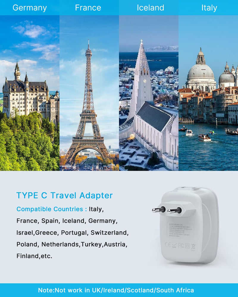 2 Pack European Travel Plug Adapter, VINTAR International Power Plug Adapter with 1 USB C, 2 American Outlets and 3 USB Ports, 6 in 1 Travel Essentials to Most of Europe Greece, Italy(Type C) Type C - Most of Europe