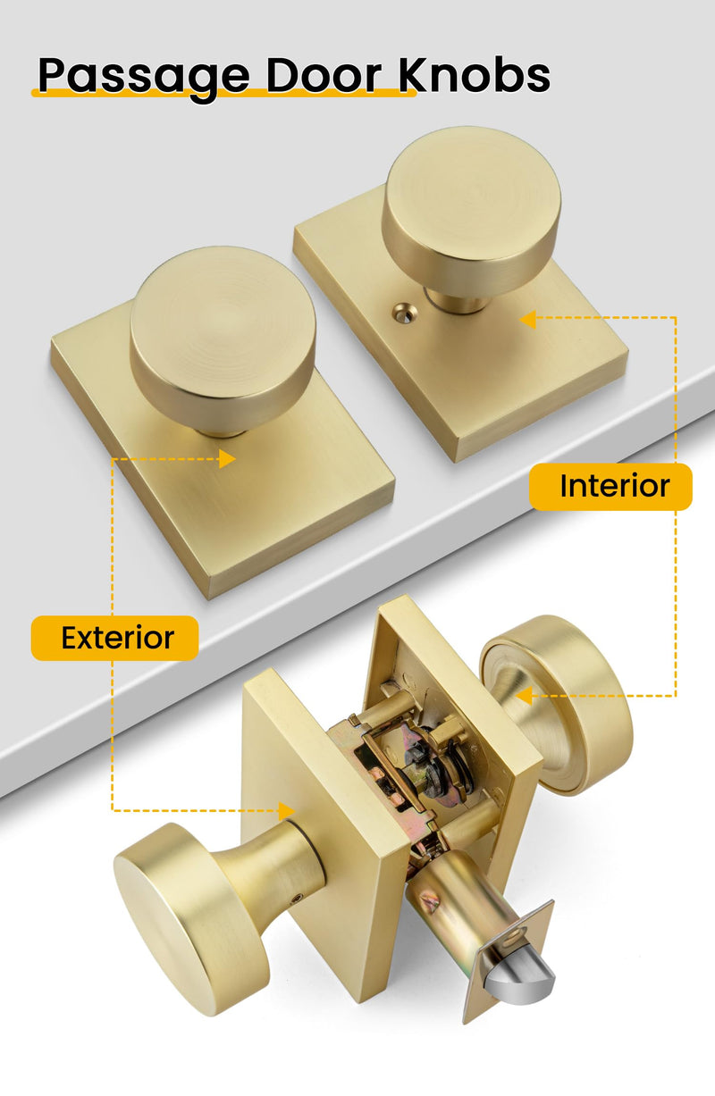 Goldenwarm Gold Closet Door Knob, Heavy Duty Brushed Gold Passage Door Knobs for for Hallway, Closet, Round Interior Door Knob, Zinc-Alloy Rectangle Rosette Indoor Doorknob (1 Pack)