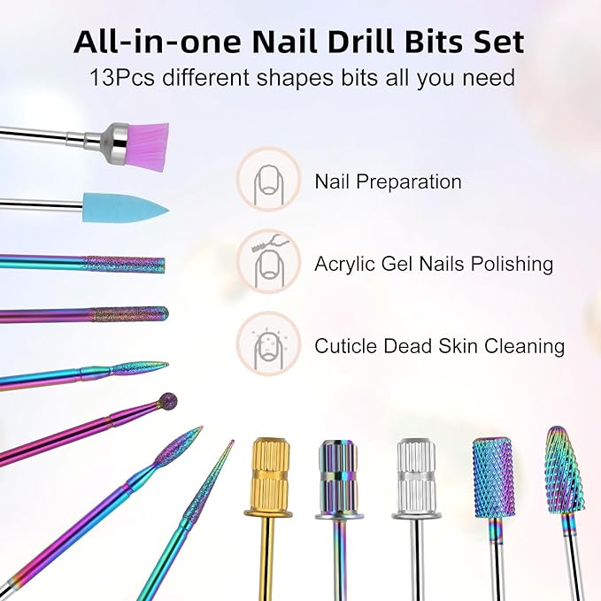 Sanding Bands for Nail Drilling with 13 Nail Drill Bits, 250 Pieces File Sanding Bands Set, 3/32" Tungsten Carbide Files, 5 Colors Sanding Bands (Acrylic Gel Nails, Manicure Pedies #80#120#180 Grit) - NewNest Australia