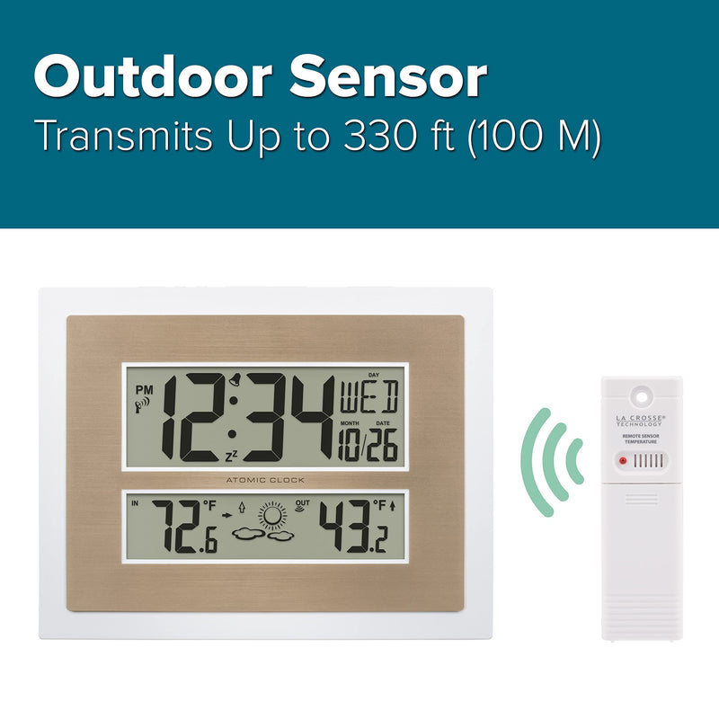 La Crosse Technology 512-14937-INT Atomic Digital Wall Clock with Temperature & Forecast in White/Champagne