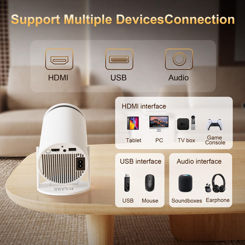 Mini Projector with Latest Android 13 - Portable Projector with WiFi 6 Bluetooth 5.2: Built-in Apps, 4K/1080P Support, Auto Keystone, 180° Rotatable, 40"-130" Movie Video Projector for Indoor/Outdoor D1-HY300-Manual Focus