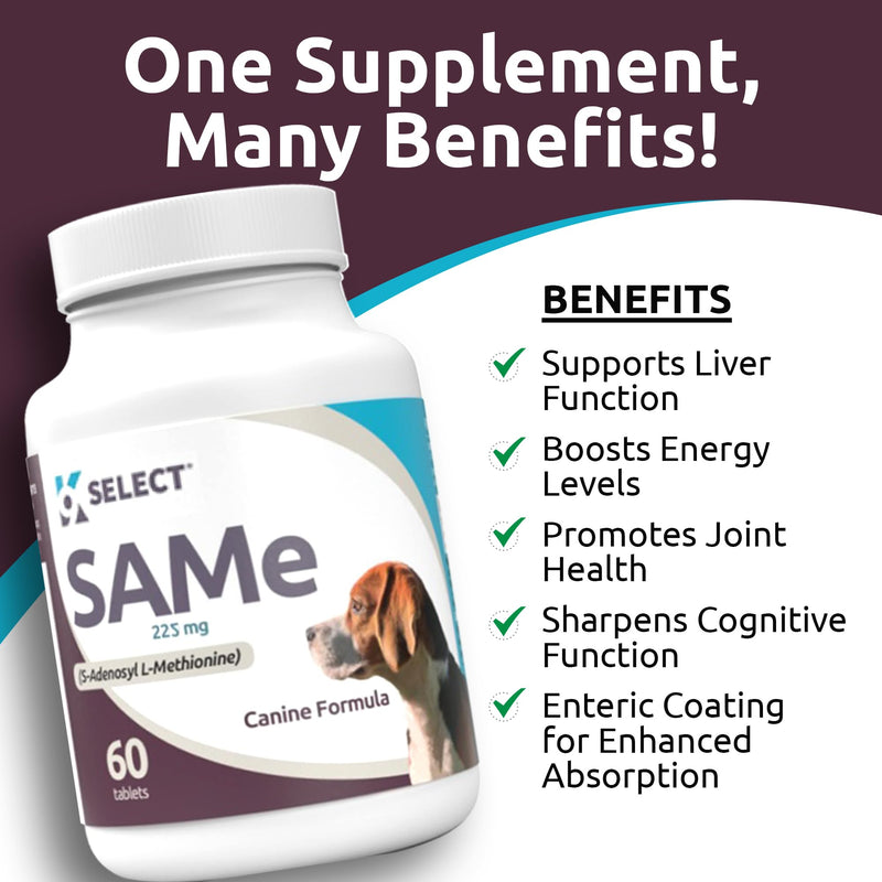 K9 Select SAM-e for Dogs: 225mg, 60 Tablets Active S-Adenosyl-L-Methionine Liver Supplement - Cognitive and Joint Health Nutrition for Medium and Large Dogs - Same Dog Liver Nutritional Supplement - PawsPlanet Australia
