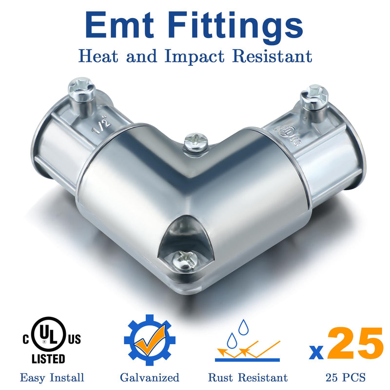 Gisafai 5 Pcs EMT Conduit Fittings Inside Corner Pull Elbow, EMT 90 Degree Metal Conduit Capped Corner Coupling, Combo Head Set Screw, Zinc Die Cast, Silver (1/2 Inch) 1/2 Inch