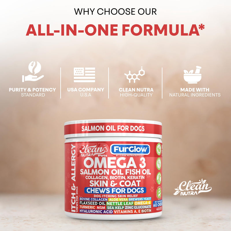 FurGlow Skin and Coat Supplement for Dogs Salmon Oil Omega 3 Fish Oil Turmeric Collagen Aloe Vera Flaxseed Oil Hyaluronic Acid Biotin Keratin Aloe Vera Allergy Relief Beef Flavor | Clean Nutra Pets