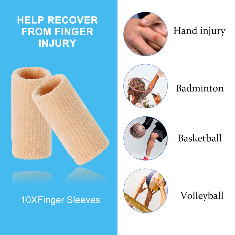 10Pcs Finger Compression Sleeves Support, Finger Sleeve Protectors Cots Thumb Brace for Trigger Finger Arthritis Swelling Basketball Sport, Breathable Elastic Pain Relief One Size Beige 10