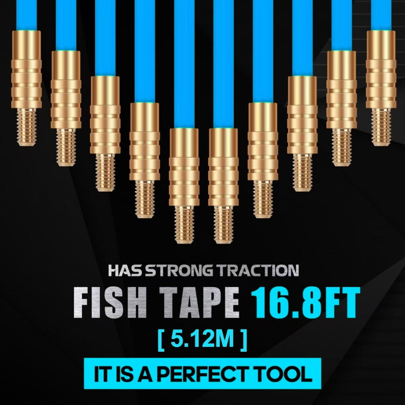 16.8FT Fiberglass Running Electrical Wire Cable Glow Rods Wire Pulling, Fish Rods Electrical Kit with 6 Different Attachments and Fish Tape Wire Puller Kit (16, Blue) 16.8FT