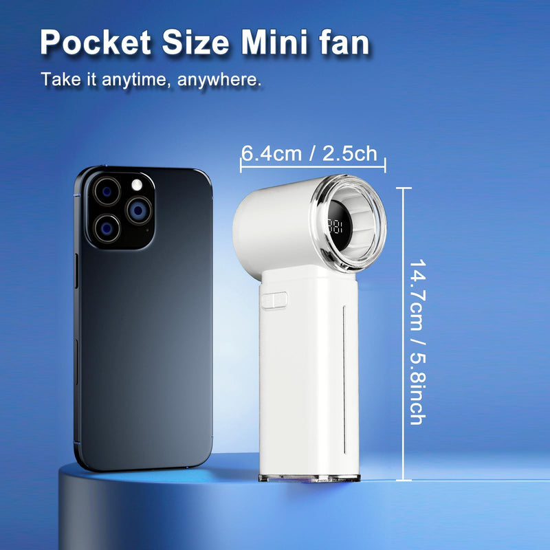 Portable Handheld Fan, Powerful Mini Hand Held Fan, 5000mAh Rechargeable, Digital Display, 1-199 Speeds Adjustable, Personal Fan for Travel Outdoor Camping Home Makeup Commuting, Gifts for Women Men White