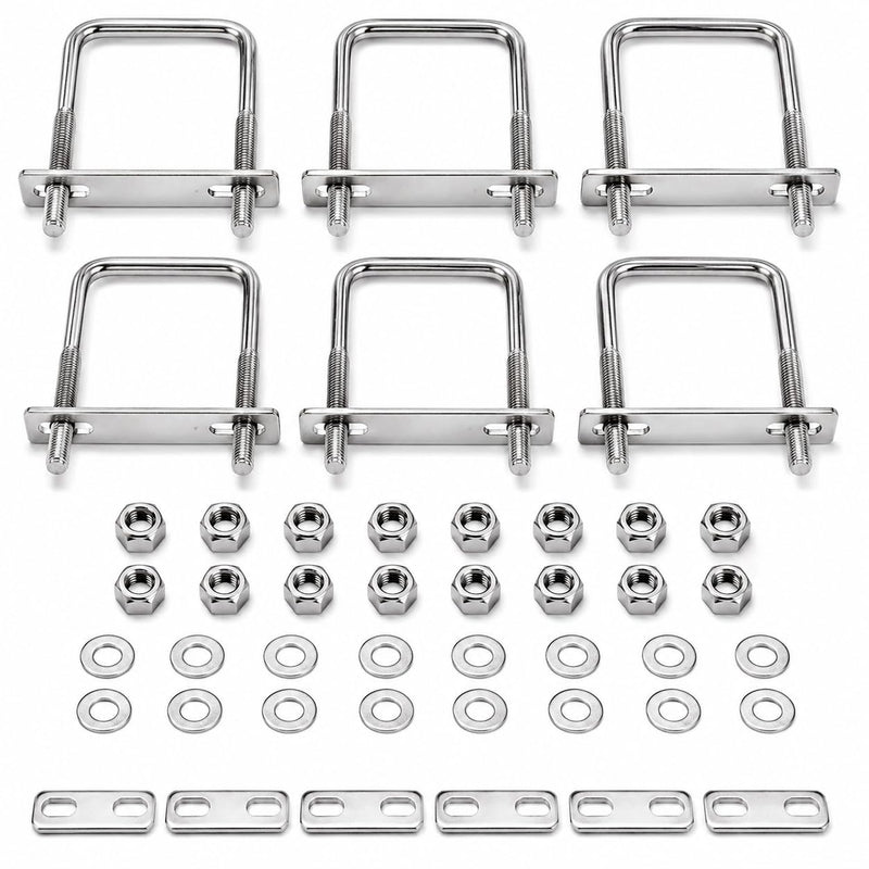 6Pack Square U-Bolts 2-1/2" Stainless Steel with Plates Nuts Flat Washers M10 Round for Car, RV, Trailer, Bumper, Boat