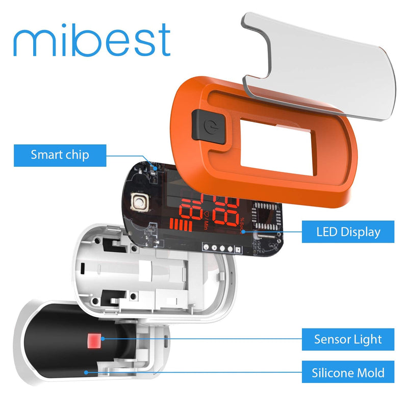 MIBEST Orange LED Finger Pulse Oximeter - Blood Oxygen Saturation Monitor - SPO2 Pulse Oximeter - Portable Oxygen Sensor with Included Batteries - O2 Saturation Monitor with Carry Pouch Orange - LED