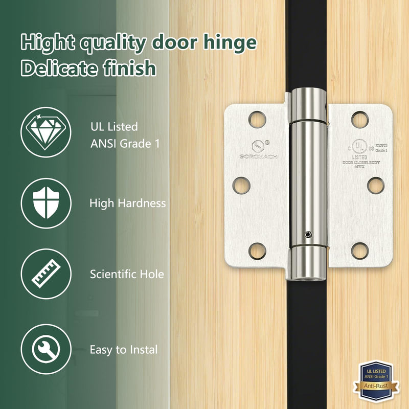 Self Closing Hinge 3 ½"x 3 ½" Satin Nickel Auto Close Adjustable 3 1/2 Inch Spring Hinges Door Closer Hinge 1/4" Radius Corner for Commercial Grade Auto Self-Closing 3 Pieces Satin Nickel 1/4" Radius