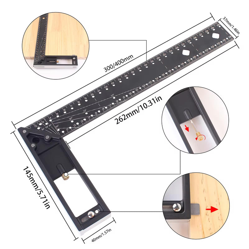 12 Inch Measuring Ruler, 45_90 Degree Hole Framing Carpenter Square Ruler, Multi-Angle Measuring Right Angle Ruler with Retractable Ledge and Scribe Mark Pin (Black)