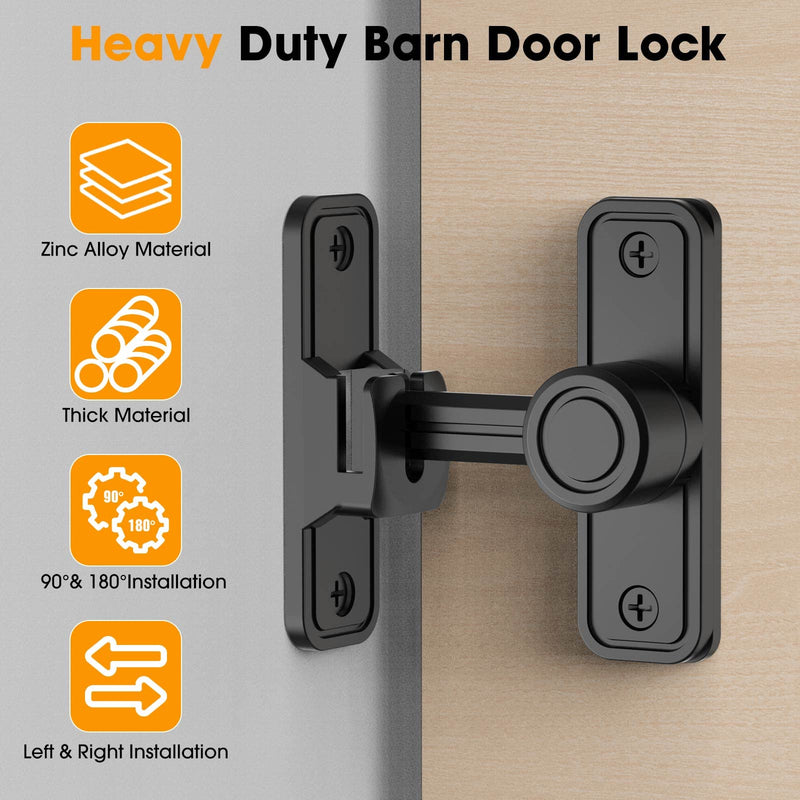 Sliding Barn Door Lock Hardware, 90 Degree Locks for Barn Doors, Flip Gate Latches for Barn, Garden, Bathroom, Outdoor, Garage, Window (Black) Black