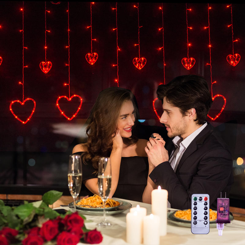 LOLStar Valentines Day Decor, Connectable Red Heart-Shaped 138 LEDs 12 Hearts String Lights Plug in With Remote, 8 Flashing Modes and Timer Function Window Curtain Light for Valentines Day Decorations