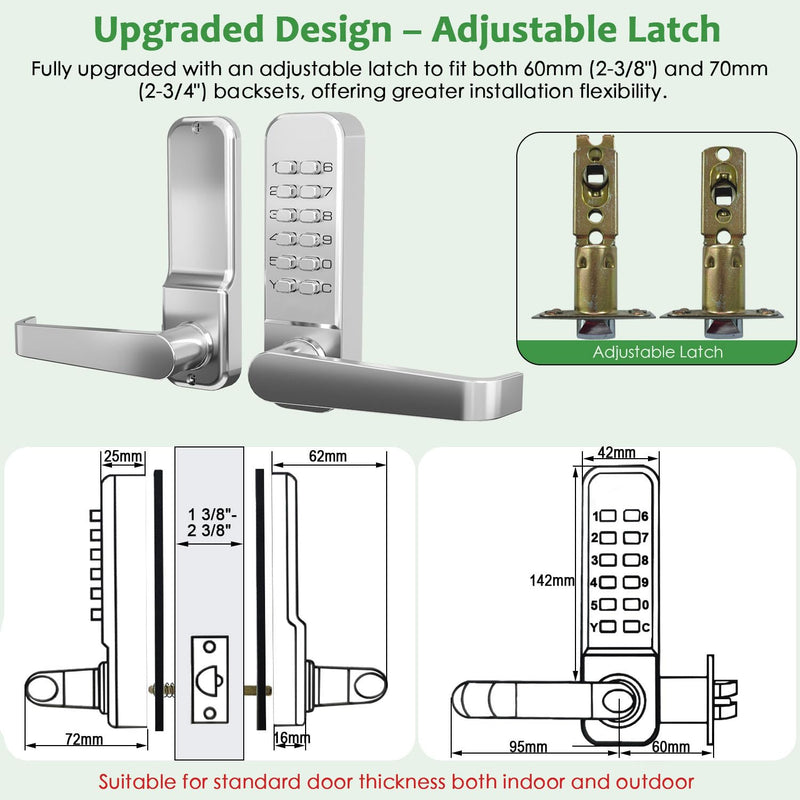 High-Security 12 Digit Keypad Mechanical Door Lock - Keyless Entry, Mechanical Code Lock with Handle, Waterproof & Rustproof, No Battery, Easy to Install, Silver, BH-MDLS0030102 Satin Chrome