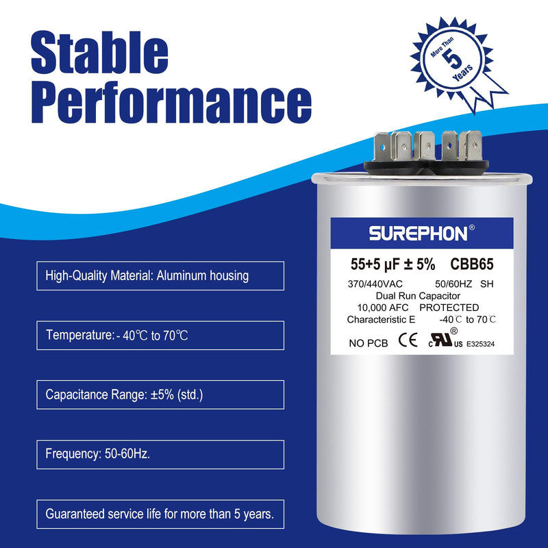 55+5 uF 55/5 MFD ±5% 370V/440VAC Dual Run Start Capacitor CBB65 Works for AC Unit Fan Motor Start or Heat Pump or Condenser Straight Cool 55+5 MFD