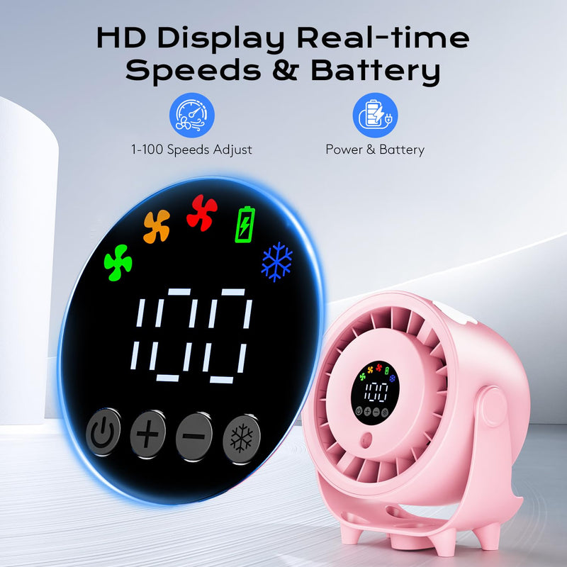 Desk Fan, Turbo Table Fan for Bedroom, Desktop Fans with Mist Spray, 100-Speed Digital Display, Low Noise, 120° Rotating, Rechargeable Battery, Wall-Mounted Design for Home, Office, Travel, Pink