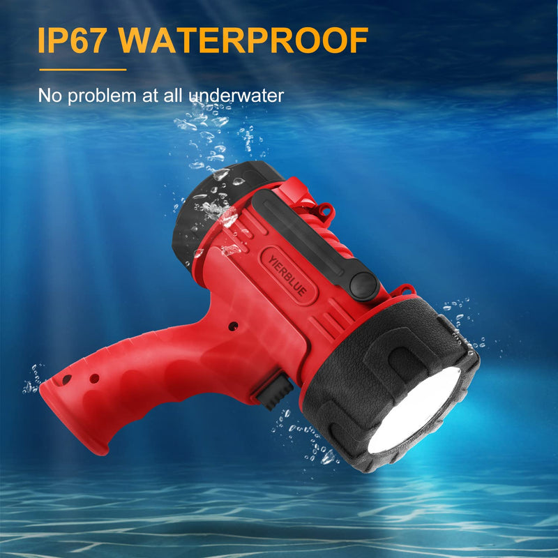 YIERBLUE Rechargeable Spotlight Flashlight with 100,000 High Lumen LED, IP67 Waterproof Long Running Spot Light searchlight, Impact Resistant Handheld Spotlight with Foldable Stand and Red Lens Red-Pro