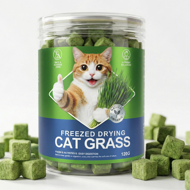 Freeze Dried Cat Grass Treats for Indoor Cats - Chicken & Wheatgrass Dice for Hairball Control & Dental Care, Grain Free High Protein Training Rewards, Digestive Support Cat Snacks (120g)