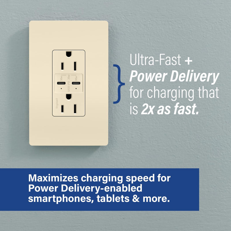 Legrand radiant R26USBPDLA 15 Amp Tamper-Resistant Decorator Duplex Receptacle Outlet with Ultra Fast USB C/C 6.0A Charging Ports PLUS 30W Power Delivery, Light Almond (1 Count)