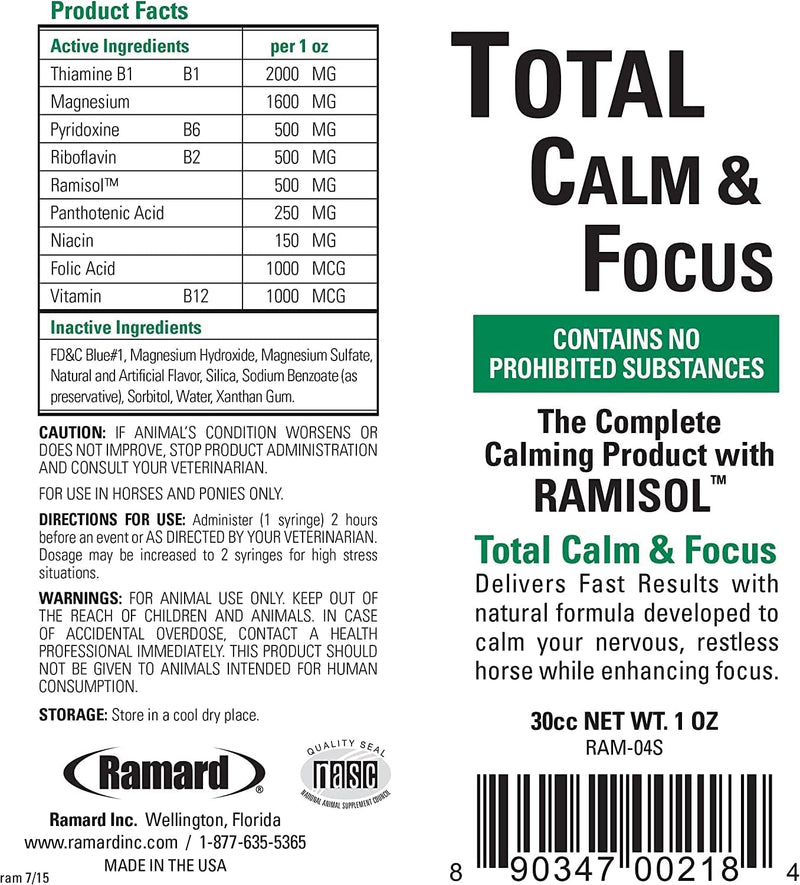 Ramard Total Calm and Focus for Horses Supplement - Magnesium & Calming Formula for Horse Show, Training, Performance Mental Alertness Without Drowsiness, Show Safe, Equine Supplies 1oz Syringe 3Packs 3 Pack, 30 cc. Syringe