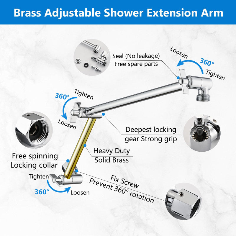 PDPBath Brass 16 Inch Shower Head Extension Arm, Upgrade Flexible Height & Angle Adjustable Shower Arm Extender with Lock Joints, for Fixed Shower Head & Handheld Shower Head, Chrome 6 Inch + 10 Inch