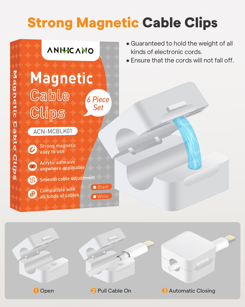 6 Pack Magnetic Cable Clips+2 Sheets (20 Lables) Cute Self-Adhesive Sticker Lables, 11.5mm Ultra Slim Smooth Adjustable Cord Holder, Under Desk Cable Management for Home/Office/Kitchen/Nightstand White