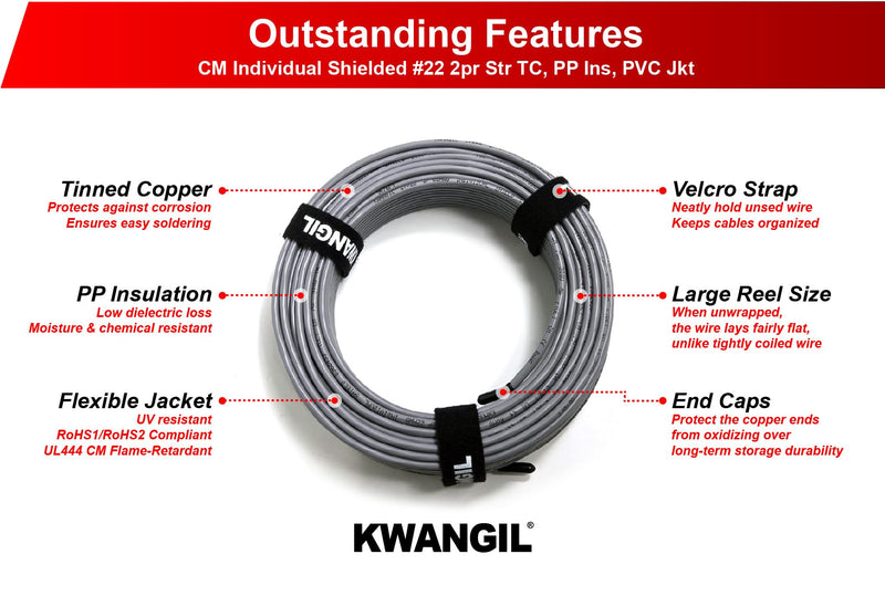 22AWG 2Pr Indiv. Foil Shielded Cable Equal to Belden 8723 Str TC, PP Ins, Indiv., PVC JKT, CM for Audio, Control, Instrumentation, Low Voltage Analog Signals & Digital Control Grey 50FT 22AWG 2Pr