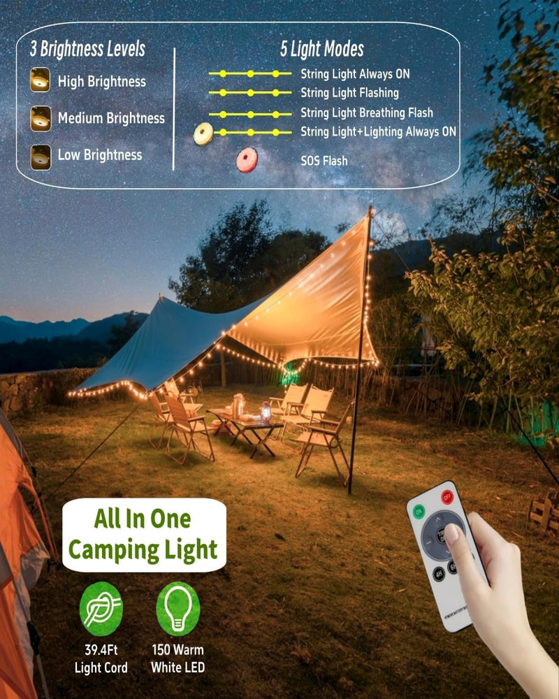 Solar Camping String Lights, 39.4 FT Fairy String Light, 4 in 1 Portable Waterproof Camp Lamp with 8 Lighting Modes, Hanging Rechargeable Tent Lantern for Christmas Decorations Patio Party Essentials