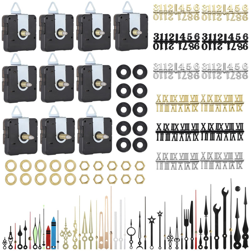 10 Pack High Torque Clock Movements Mechanism Replacement Clock Kit, Battery Operated Quartz Movement with 8 Different Pairs of Hands & 12 Numerals for DIY Clock Repair and Replacement 10