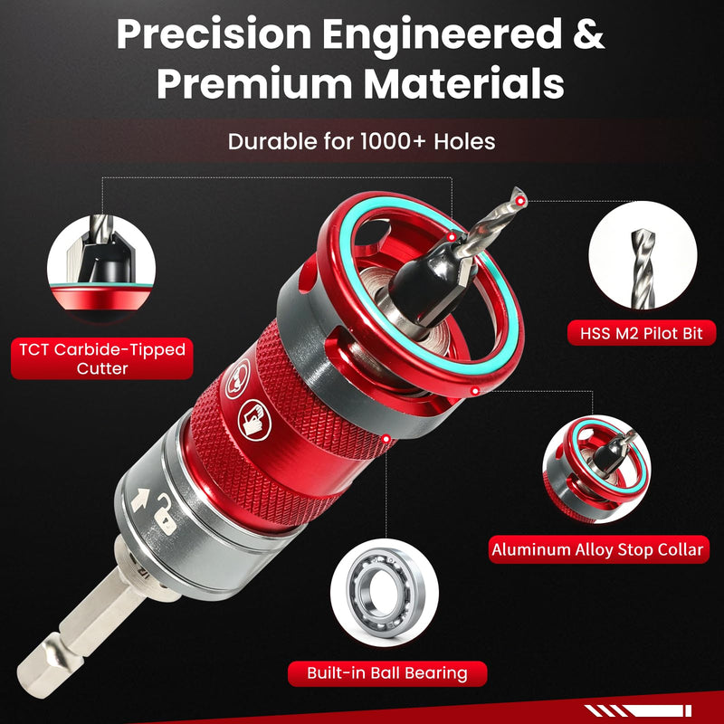 6 PCS Quick-Adjust Countersink Drill Bit Set, Auto-Locking Depth Adjustment, Auto-Stop Aluminum Alloy Collar, 5 HSS M2 Bits with 82-Degree TCT Cutters, 1/4" Hex Shank Counter Sink Drill Bit for Wood 6 PCS Quick Adjust Set