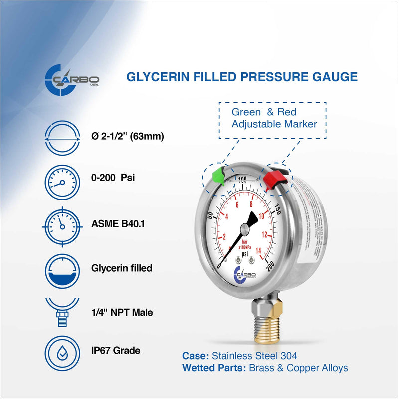 Stainless Steel Pressure Gauge Dual Display (0-200 psi/kPa) - 2 1-2" Glycerine Liquid Filled Water Air Oil Gas Gauge with Polycarbonate Lens & Brass Connection - 1/4" NPT Lower Mount 0-200 psi
