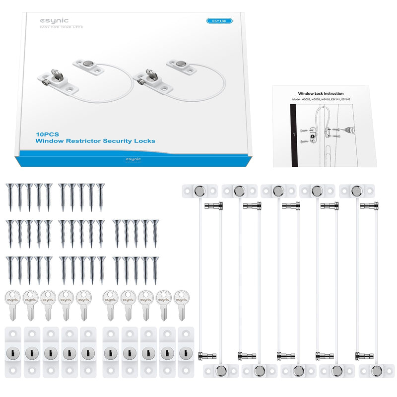 eSynic Durable 10 Pack Window Restrictors Locks Easy to Install Window Restrictor Child Safety Window Lock with Screws Keys Limiting Opened Distance 185mm/7.3Inch Perfect for Home Safety etc